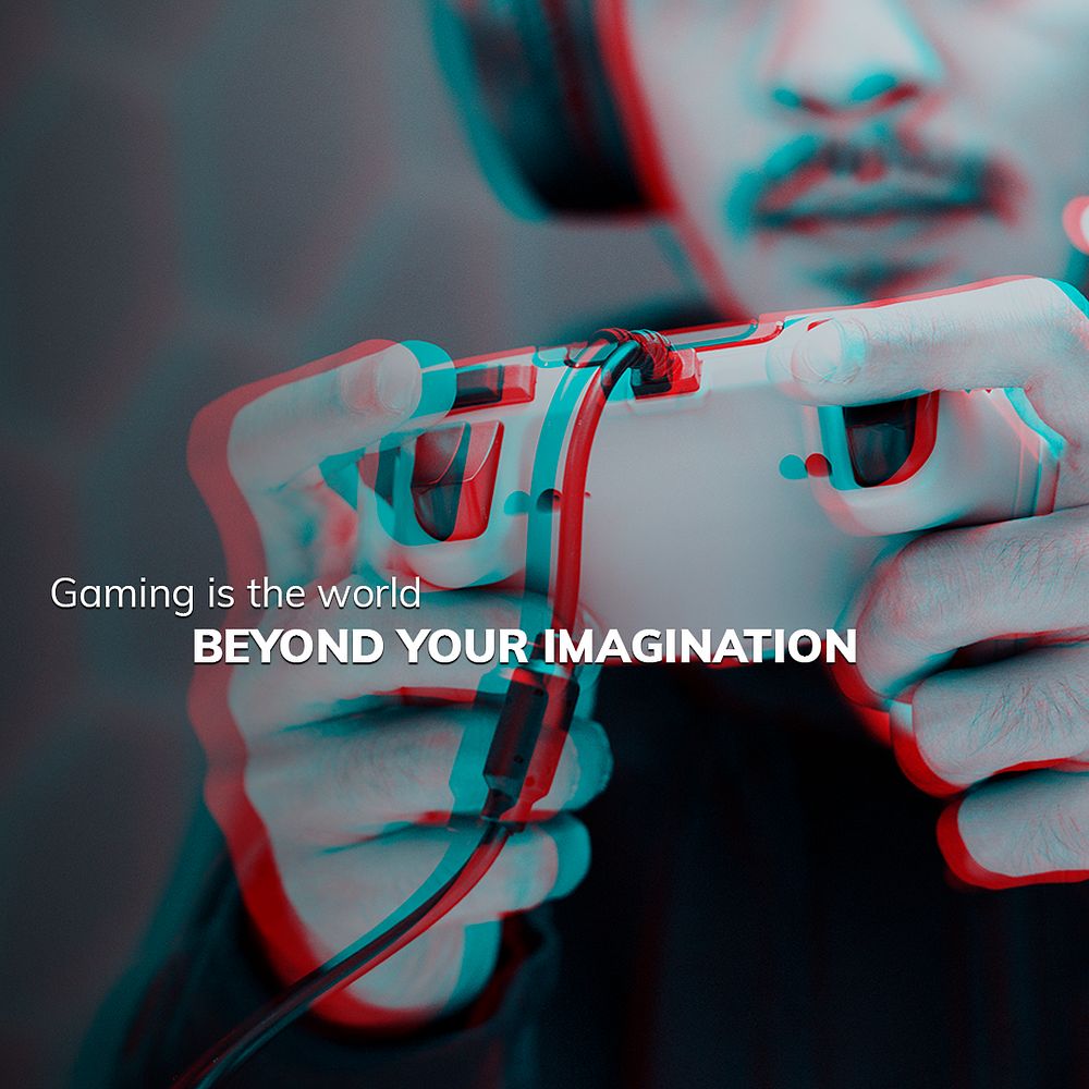 Imaginative gaming world template psd with editable text in double color exposure effect