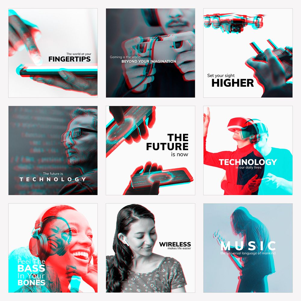 The future of technology vector editable social media template with double color exposure effect set