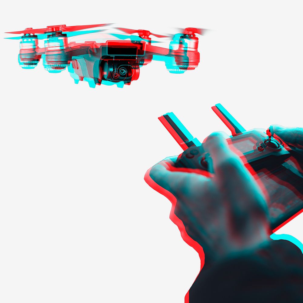 Hand controlling drone in glitch effect 