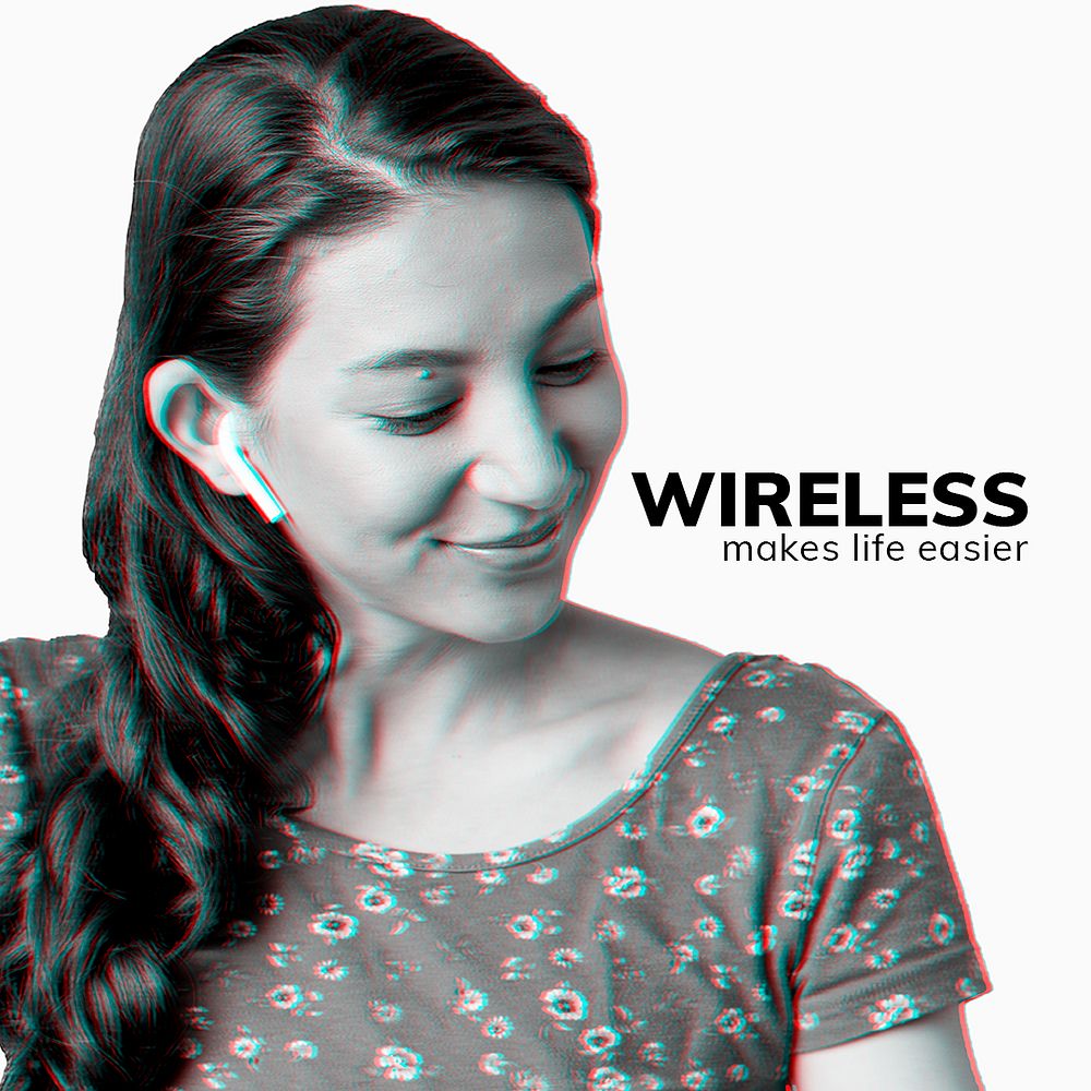 Woman wearing wireless earphones psd social media template with editable text in double color exposure effect