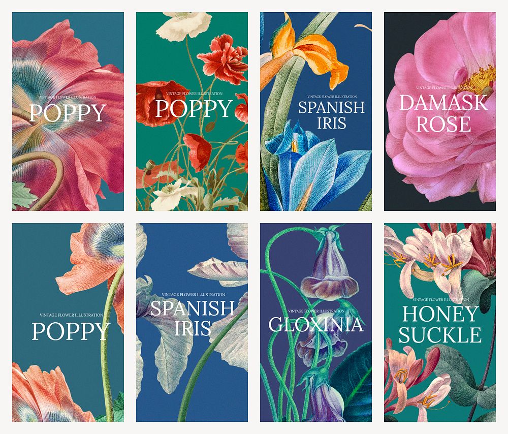 Vintage floral template psd illustration set, remixed from public domain artworks