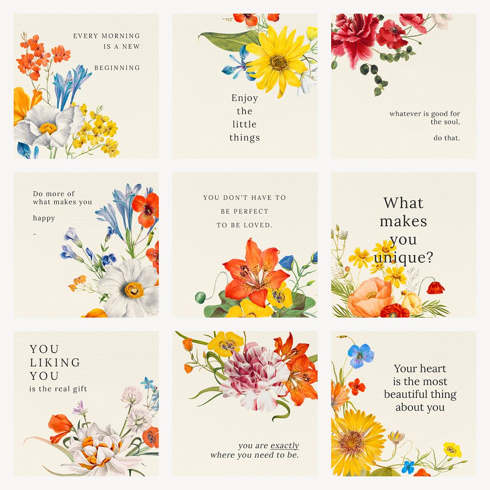 Floral quote template psd set, remixed from public domain artworks