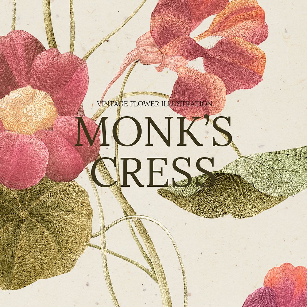 Vintage floral template psd illustration with monk's cress background, remixed from public domain artworks