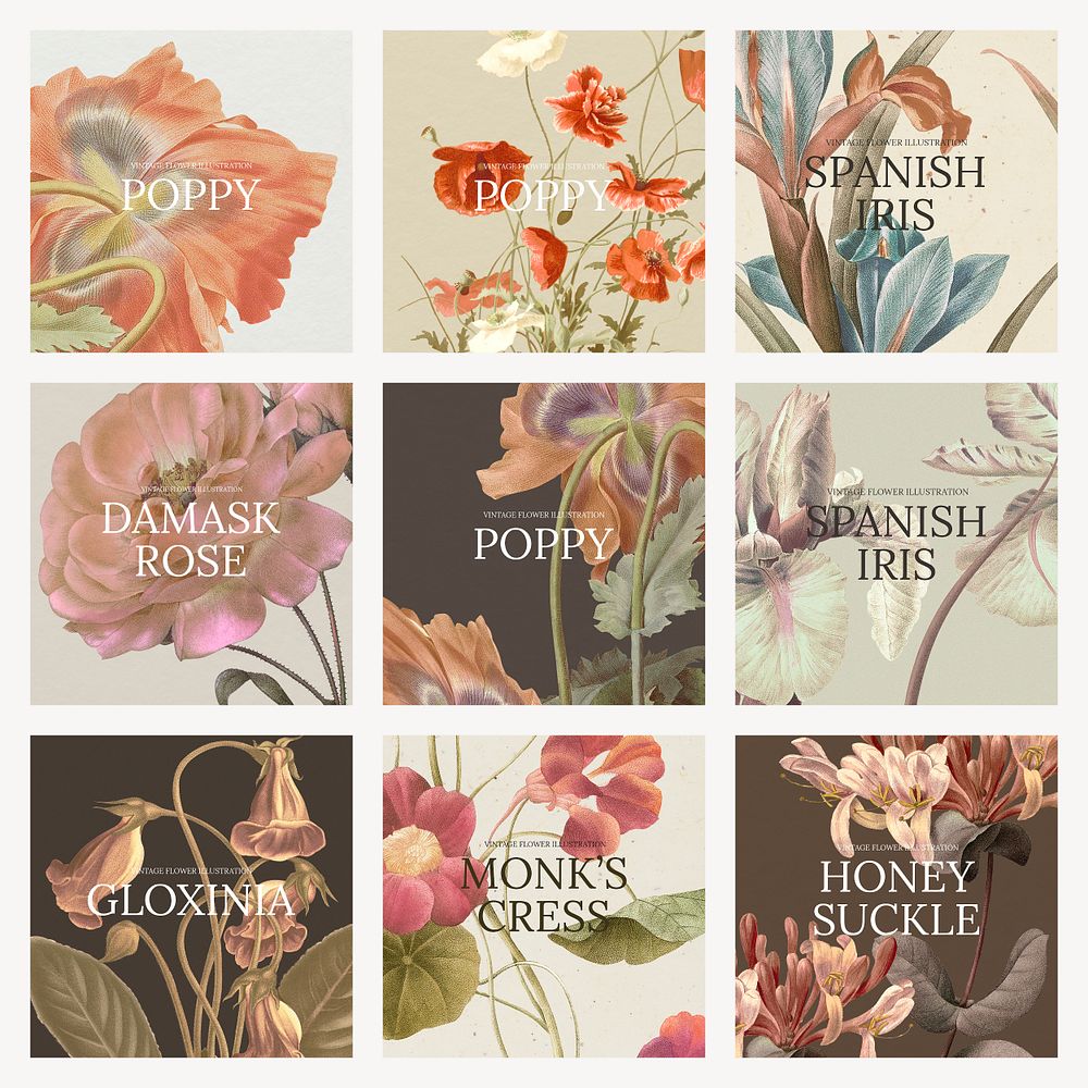 Vintage floral template psd set, remixed from public domain artworks