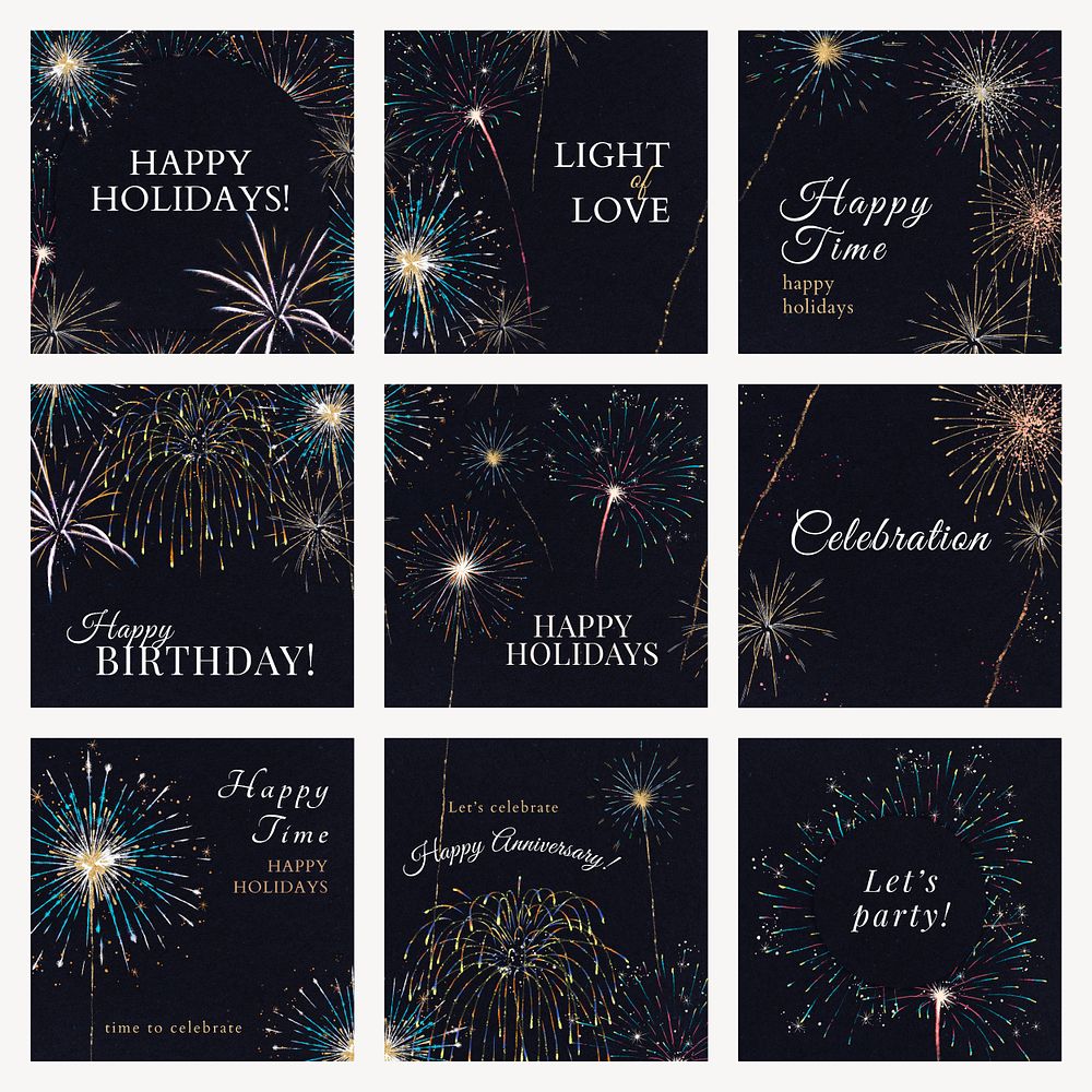 Shiny fireworks template psd for social media post with editable text collection