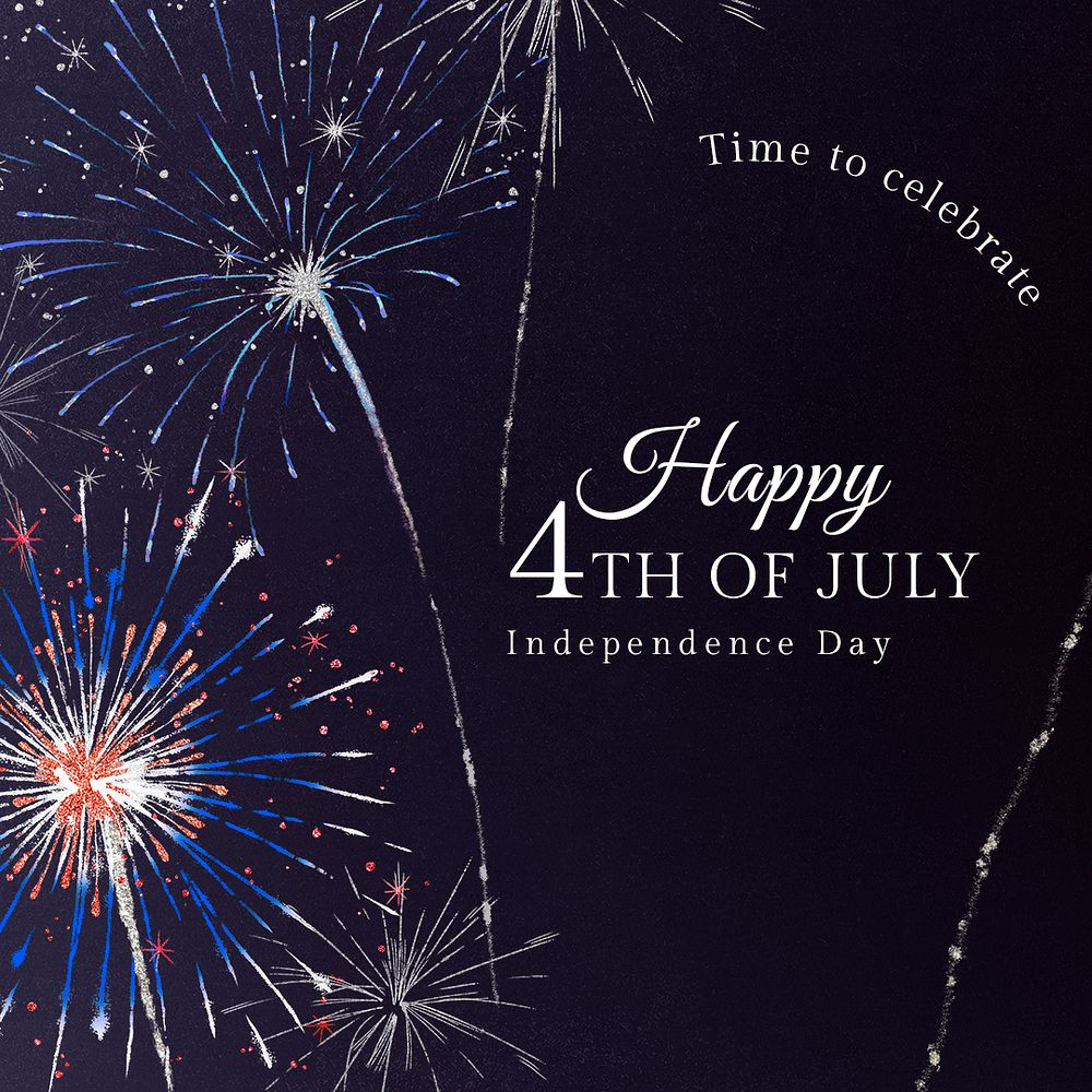 Shiny fireworks template psd for social media post with editable text, happy 4th of July