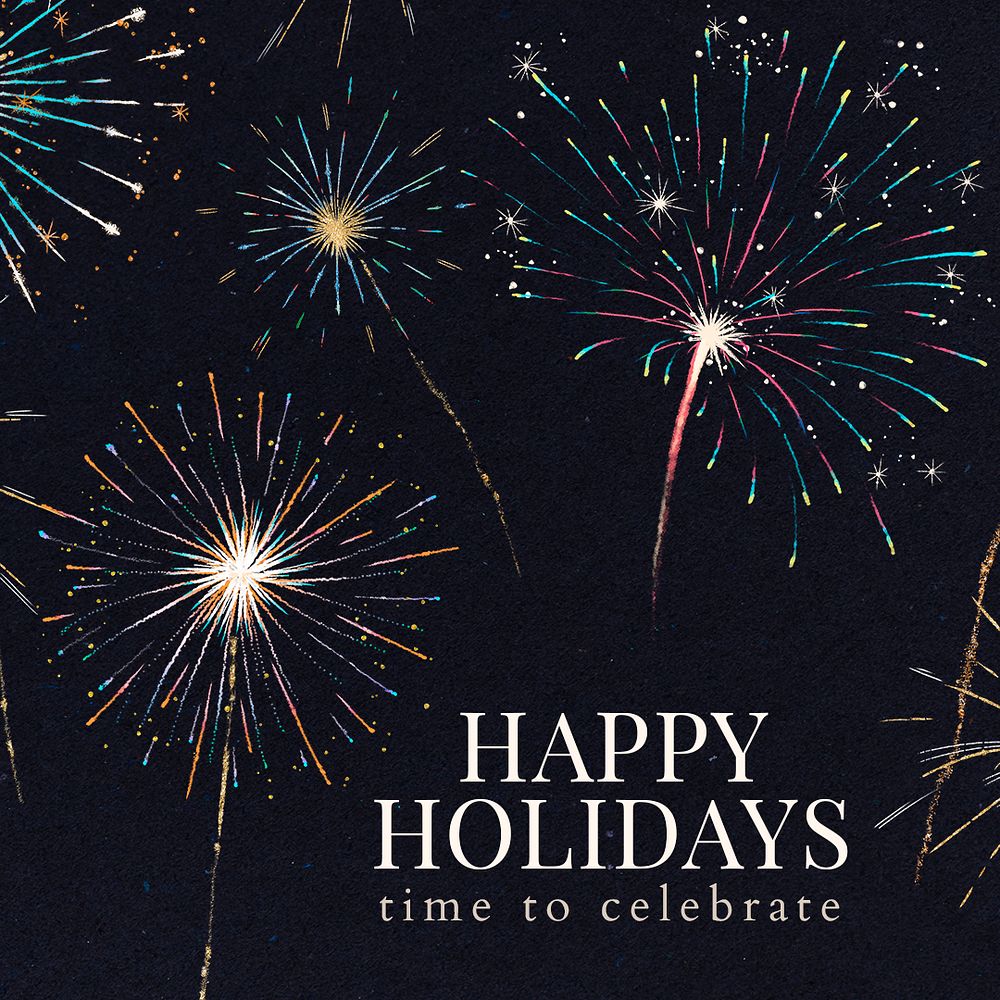 Shiny fireworks template psd for social media post with editable text, happy holidays