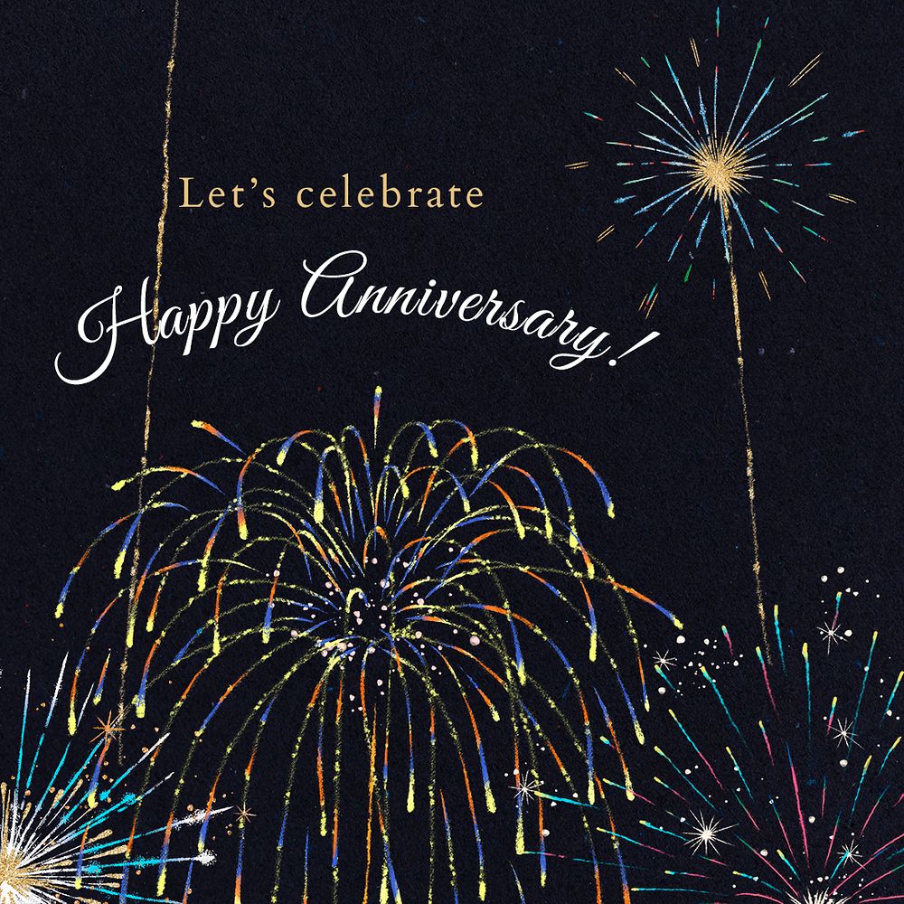 Shiny fireworks template psd for social media post with editable text, happy anniversary