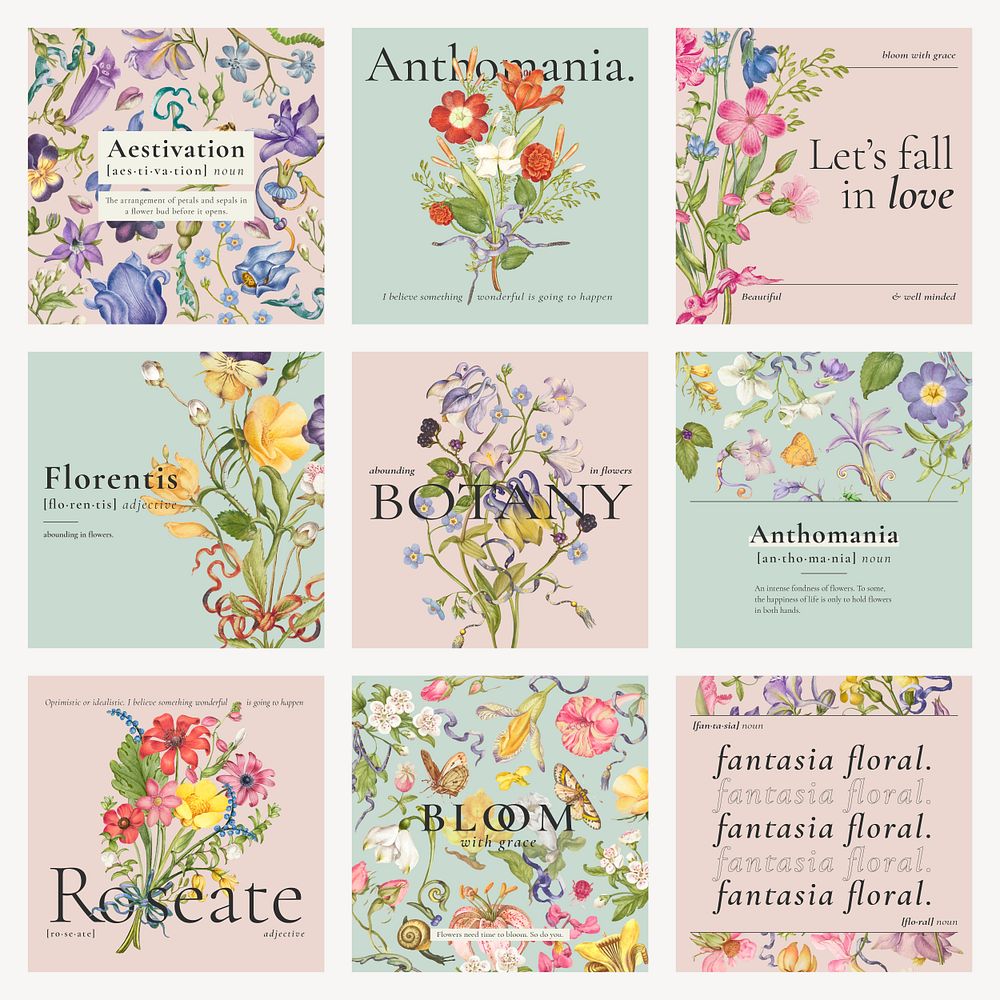 Editable aesthetic floral template psd blog social media post collection