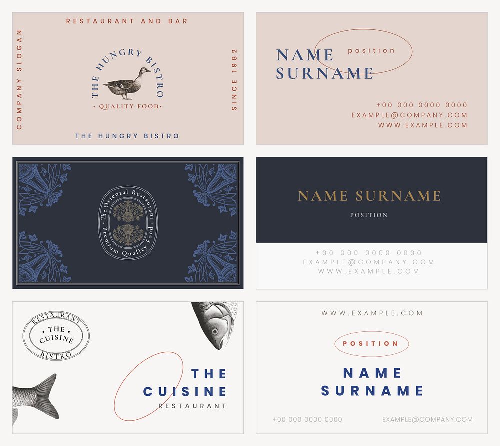 Aesthetic business card template psd for restaurant set, remixed from public domain artworks