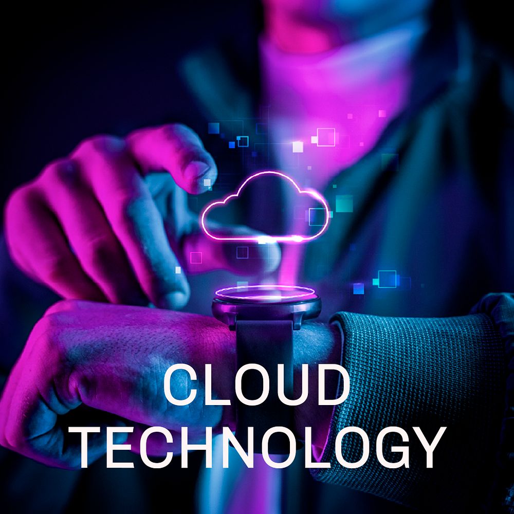 Cloud template psd on hologram smartwatch technology for social media post