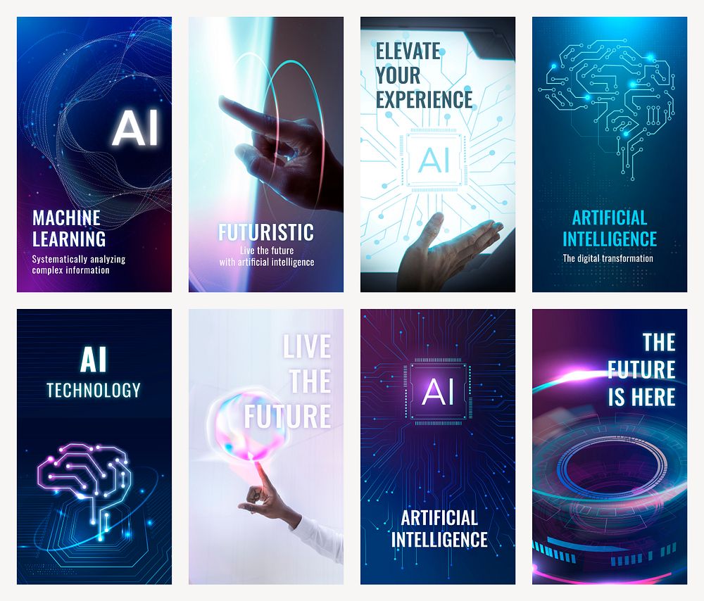 Futuristic AI technology template psd disruptive technology social media story collection