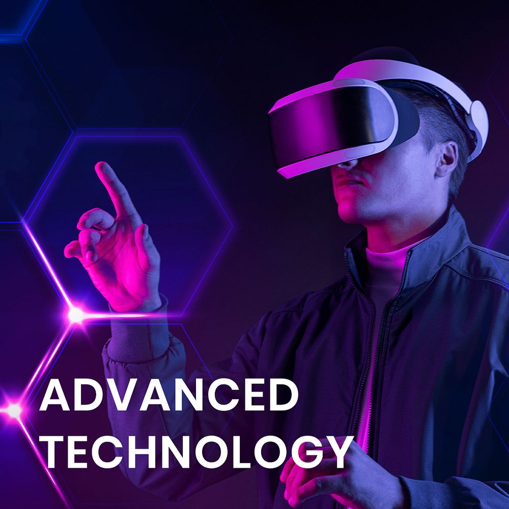 Advanced technology banner template psd with man wearing VR background