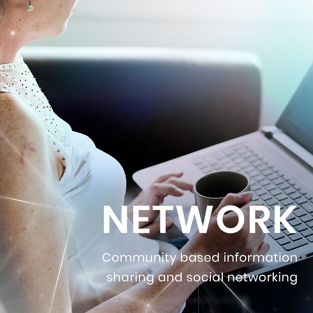 Network technology template psd with woman using a laptop background