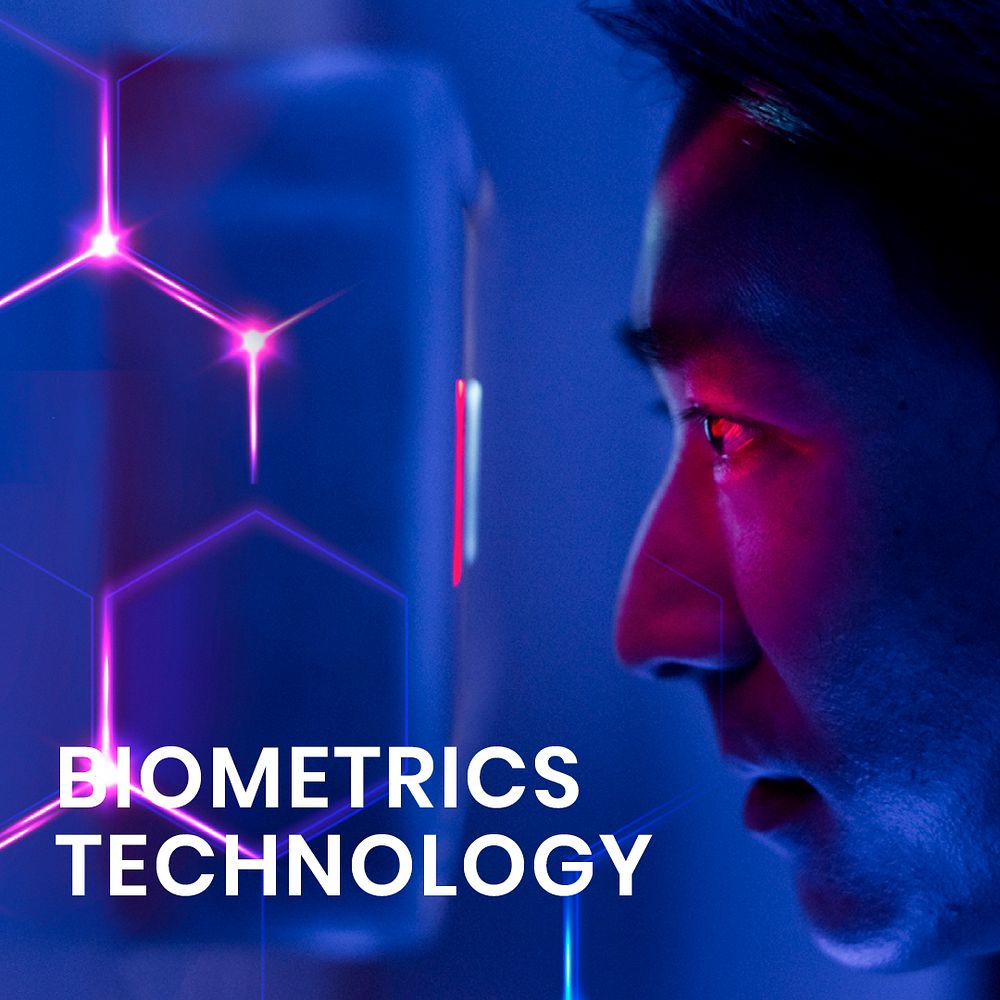 Biometrics technology template psd with man scanning his eyes background