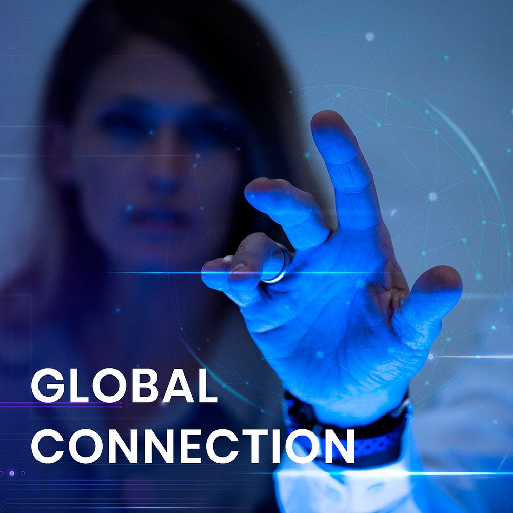 Global connection banner template psd with man touching virtual screen background