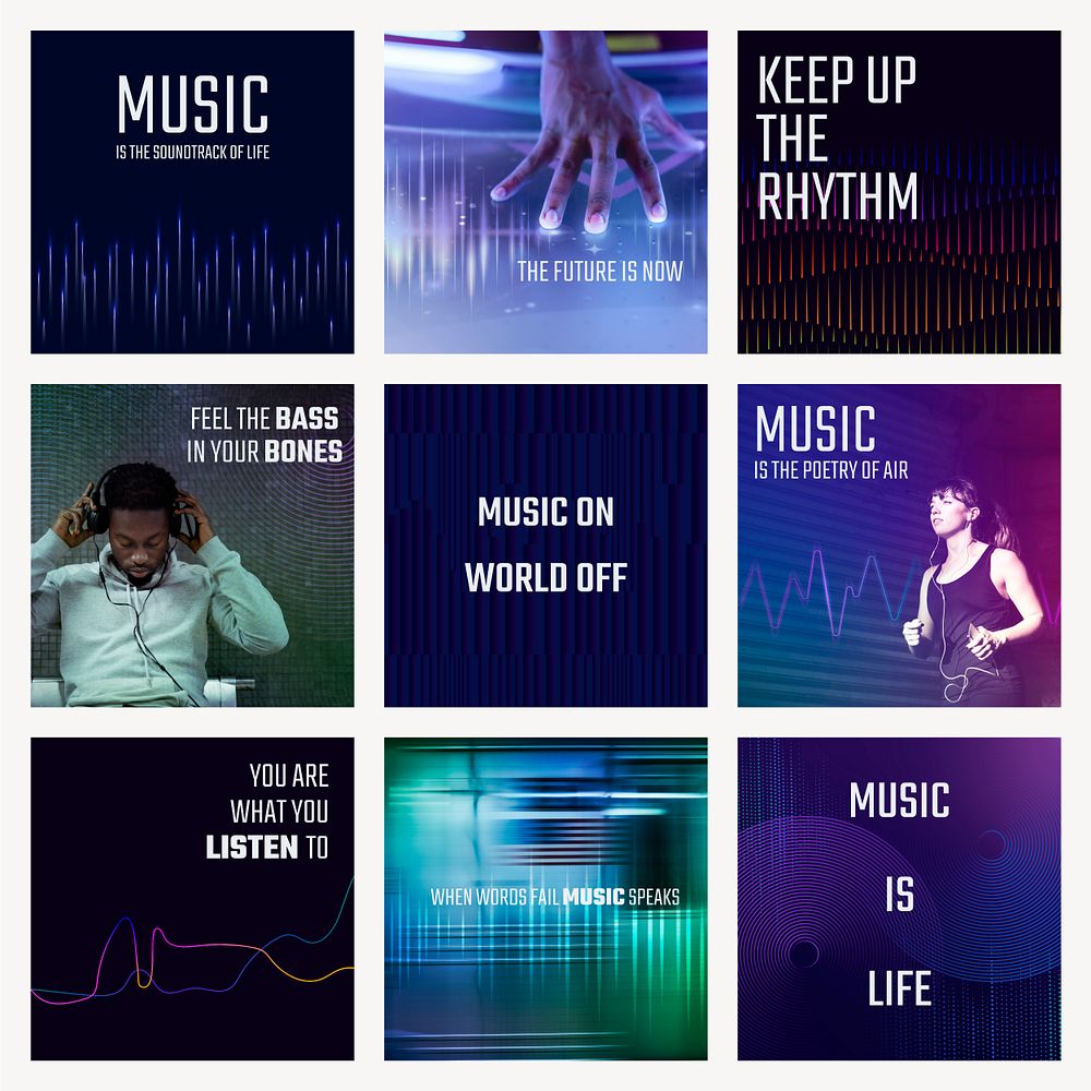 Music wave technology template psd social media ad with catchphrase set