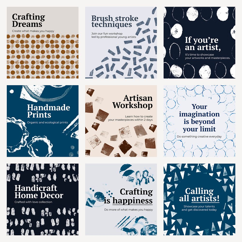 Handicraft themed template psd on block print background set