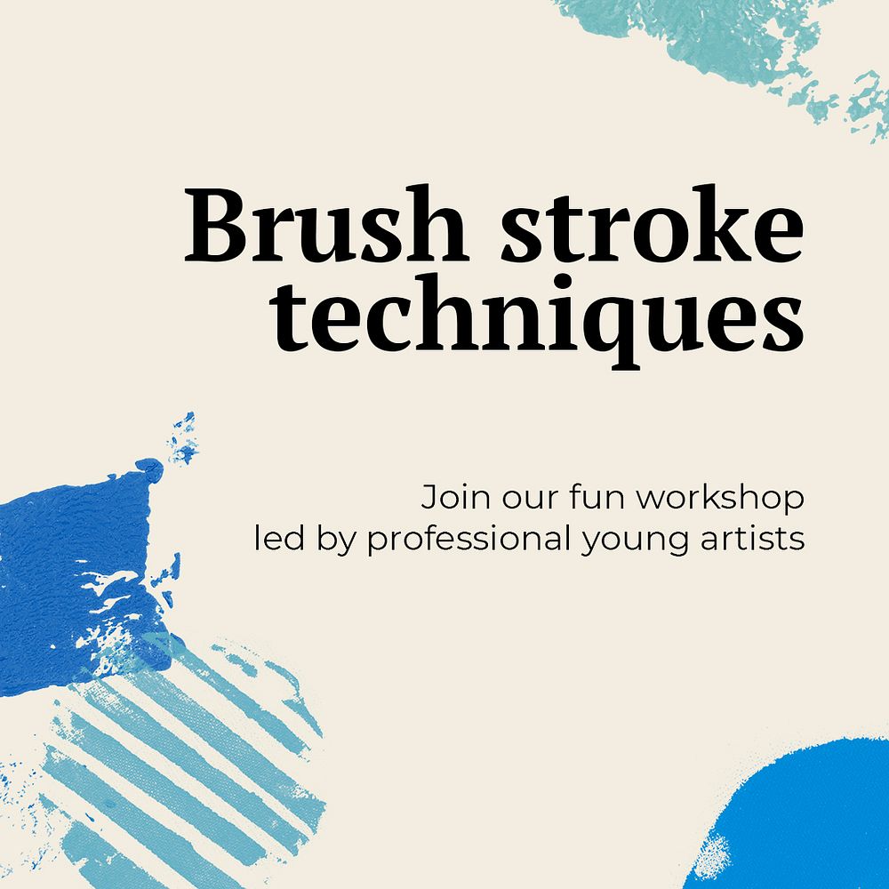 Art workshop banner template psd with blue paint stamp border
