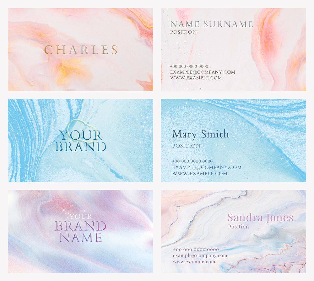 Marble business card template psd in colorful feminine style set