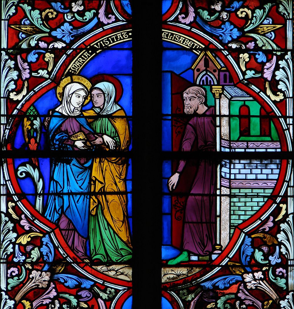 The Visitation: a neogothic stained glass window in Meaux Cathedral (1875). Original public domain image from Wikimedia…