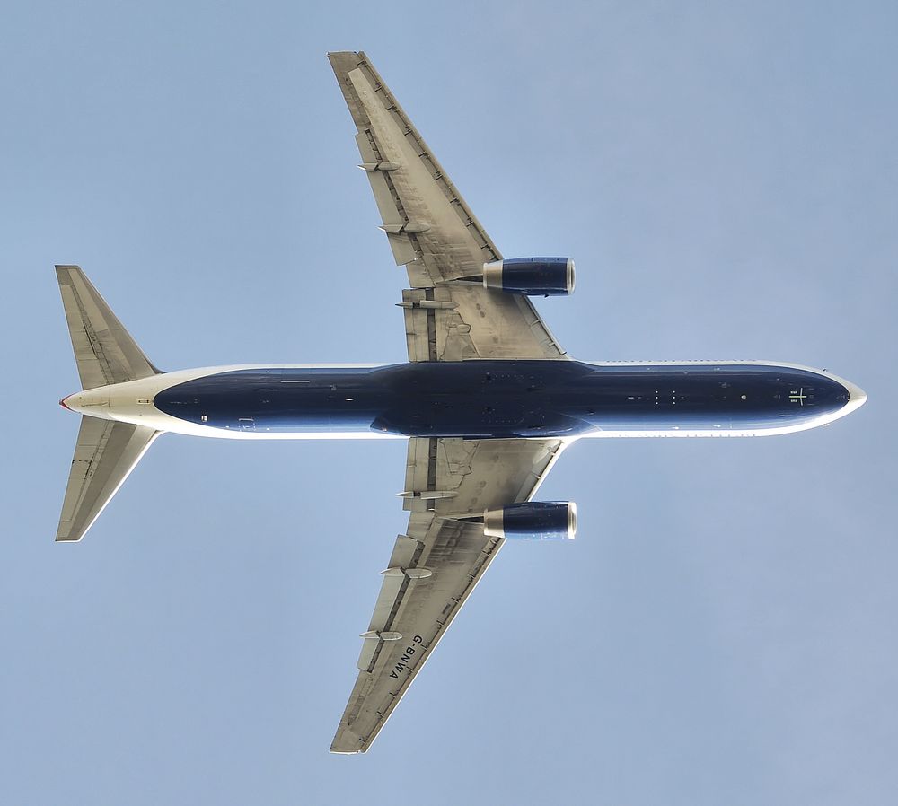 British Airways Boeing 767-300 (G-BNWA) takes off (over my head) from London Heathrow Airport, England. The undercarriages…