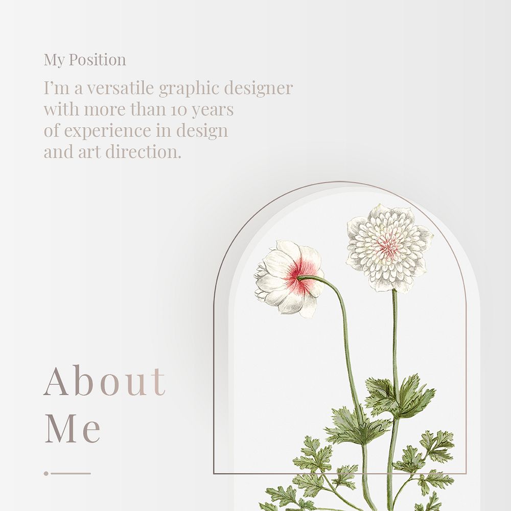 About me social media psd template with white flower illustration