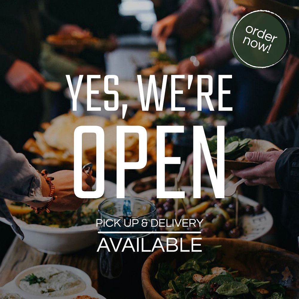 Restaurant business template psd for social media post with &ldquo;yes, we&rsquo;re open&rdquo;
