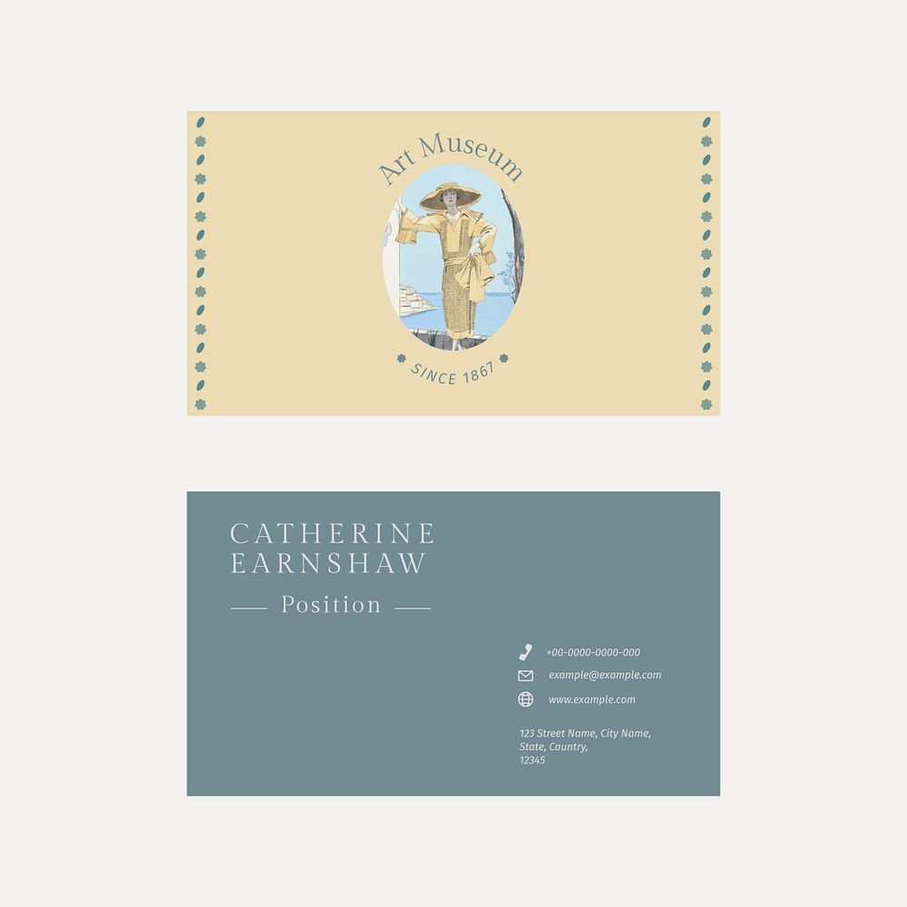 Business card template psd in vintage pastel fashion theme, remix from artworks by George Barbier