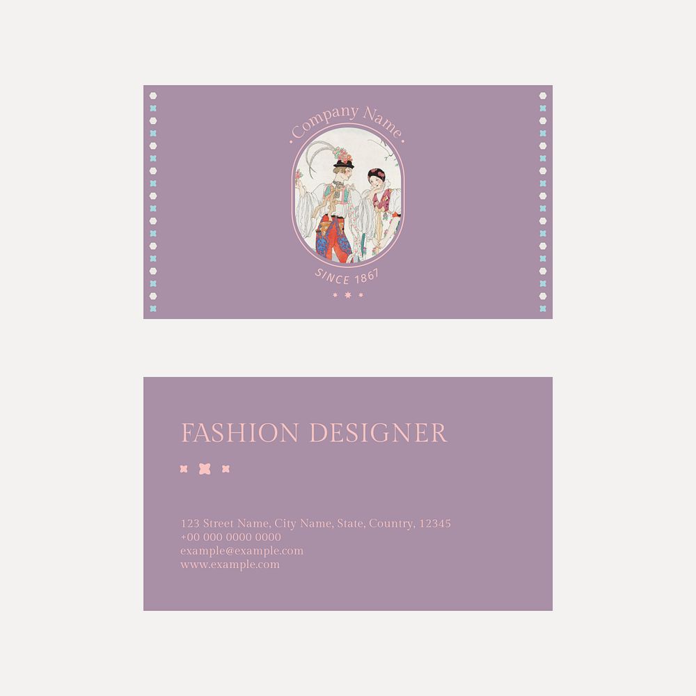 Pastel business card template psd for vintage fashion, remix from artworks by George Barbier
