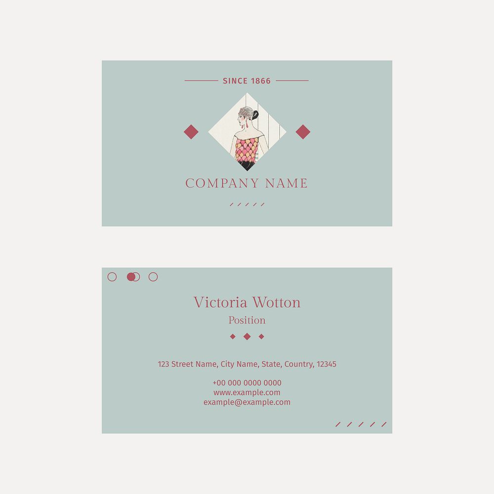 Vintage fashion template psd pastel business card, remix from artworks by George Barbier