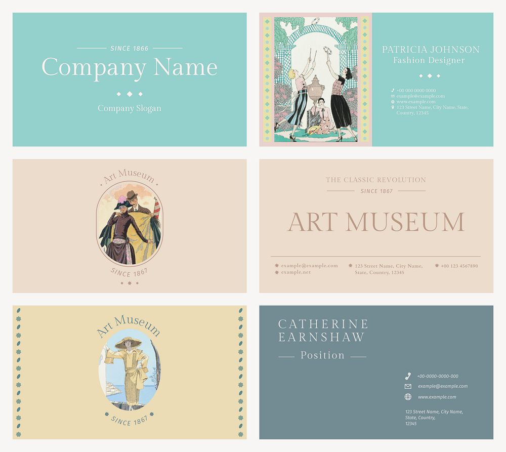 Stylish templates psd for vintage style business cards, remix from artworks by George Barbier