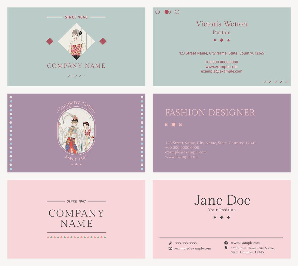 Vintage fashion editable templates psd for business cards, remix from artworks by George Barbier
