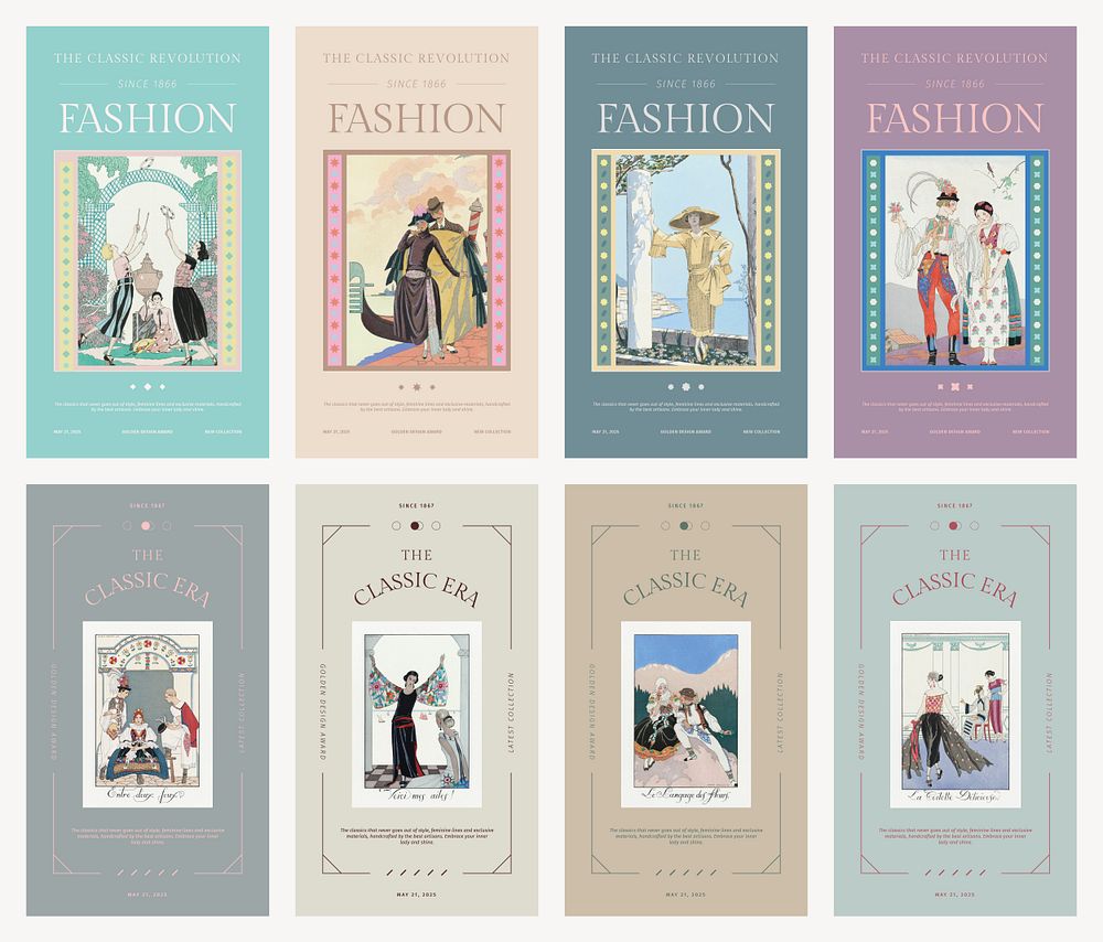 Vintage fashion psd templates in pastel for social media stories, remix from artworks by George Barbier