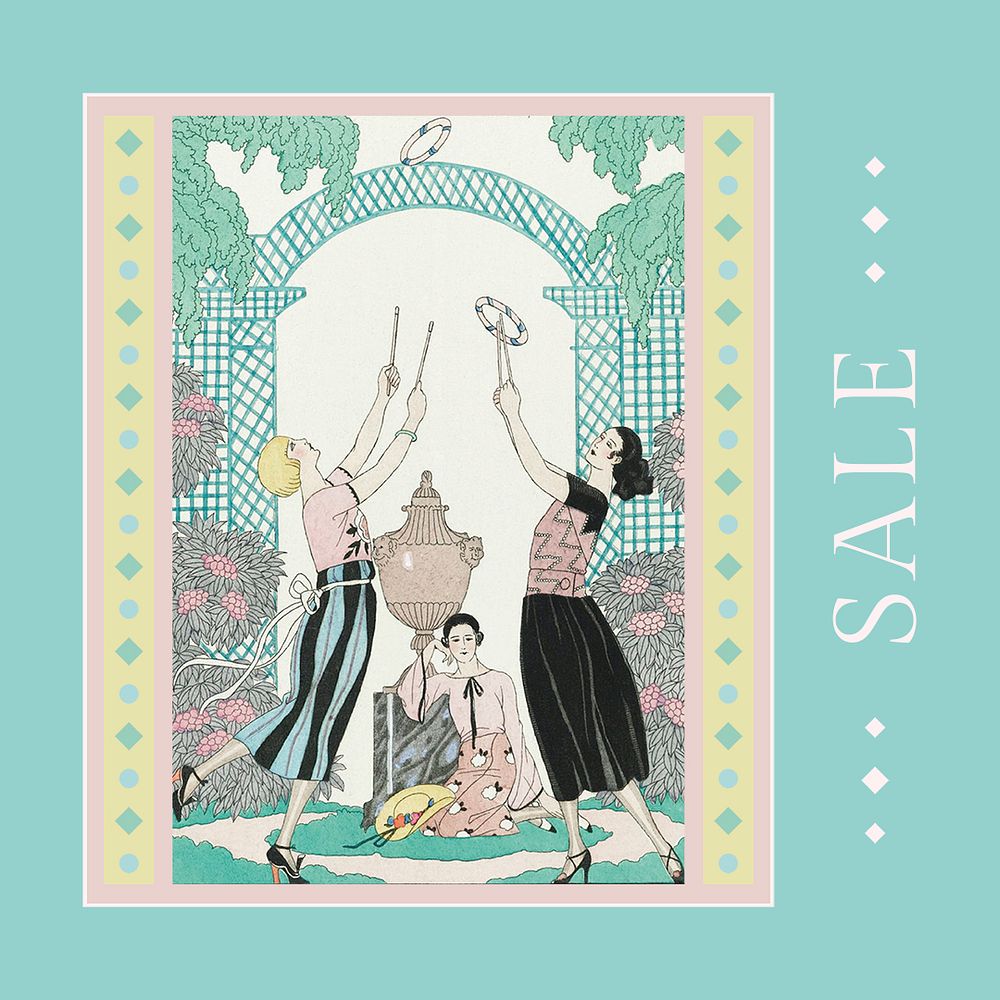 Vintage sale promotion template psd for social media post, remix from artworks by George Barbier