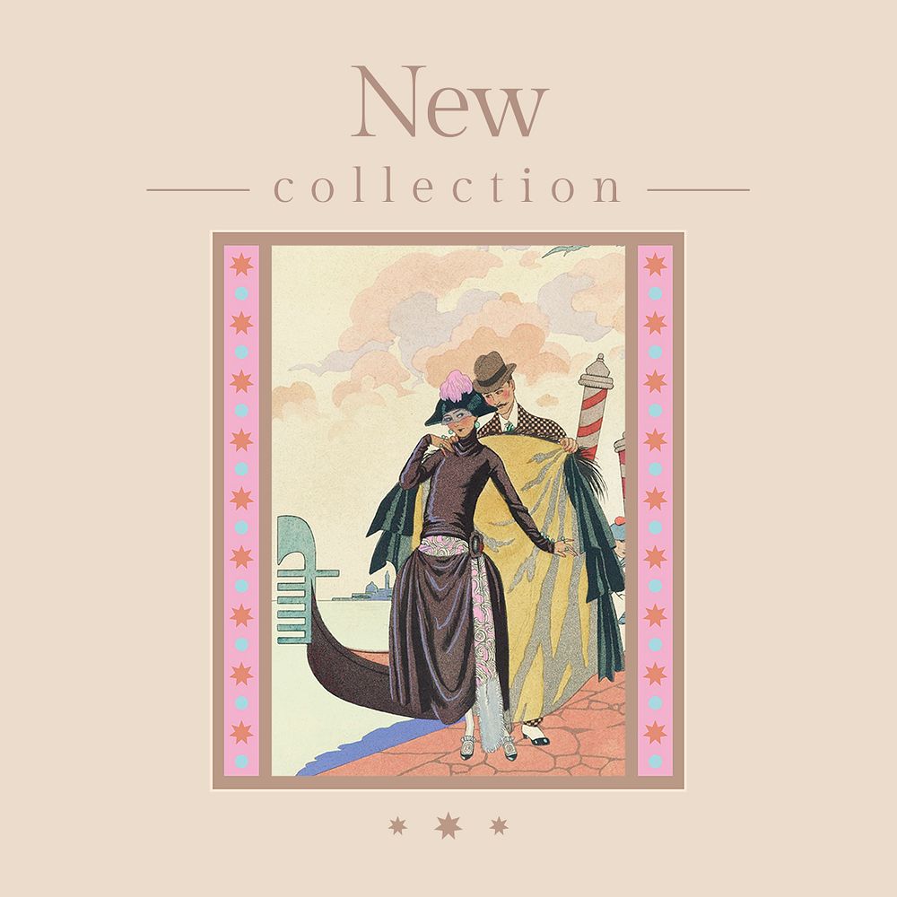 Editable template for new collection vector vintage social media post, remix from artworks by George Barbier