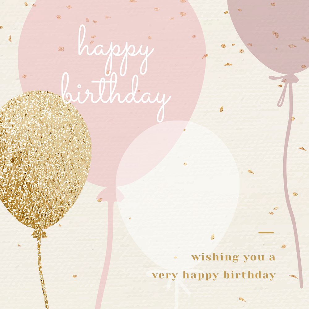 Balloon birthday greeting template psd in pink and gold tone