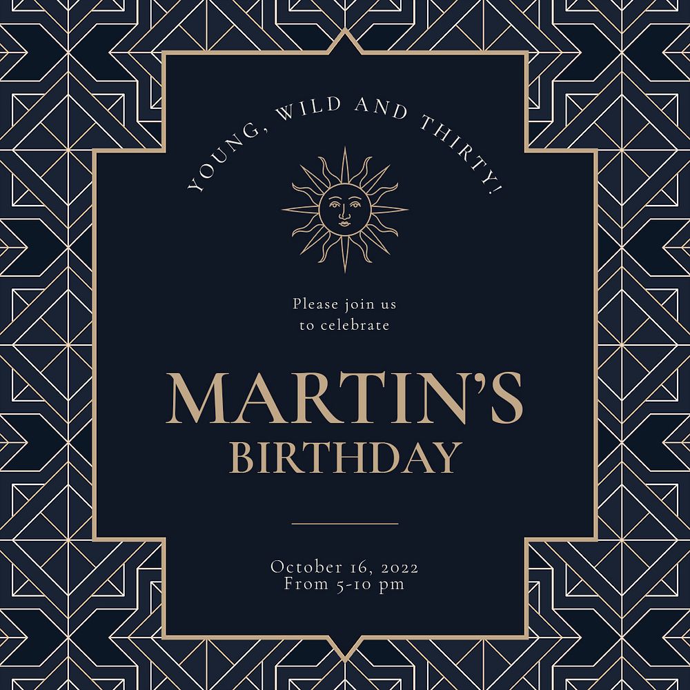 Birthday party invitation template psd with gold art deco style