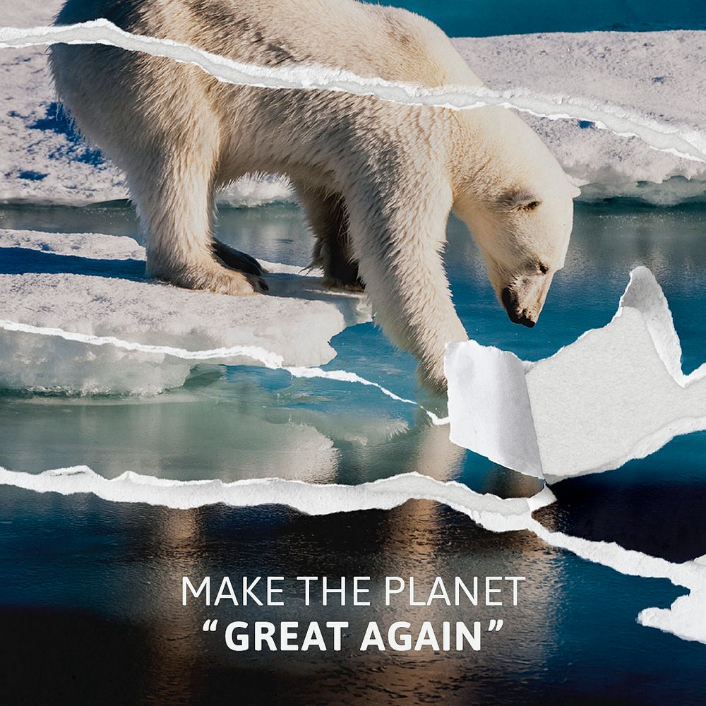 Global warming awareness template psd with ripped polar bear background