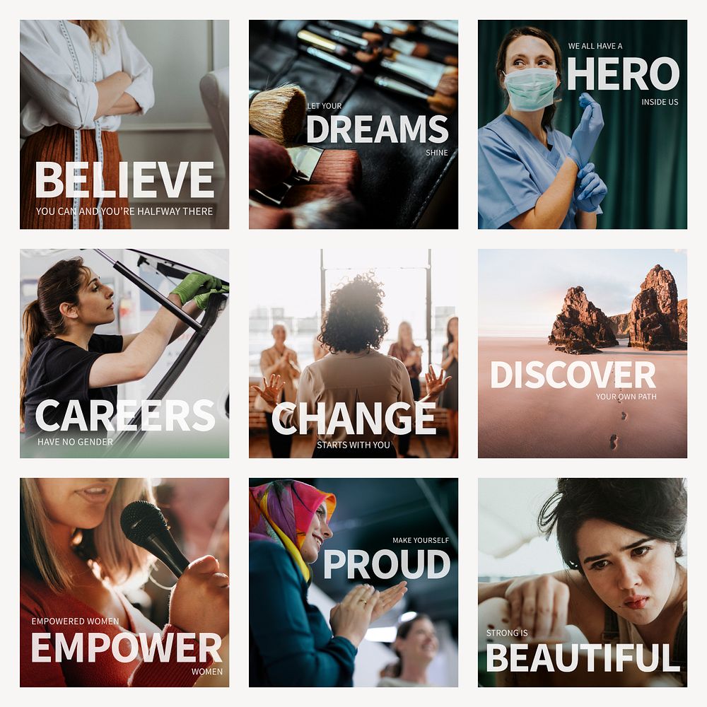 Social media post template psd with editable text collection in women empowerment in workplace theme