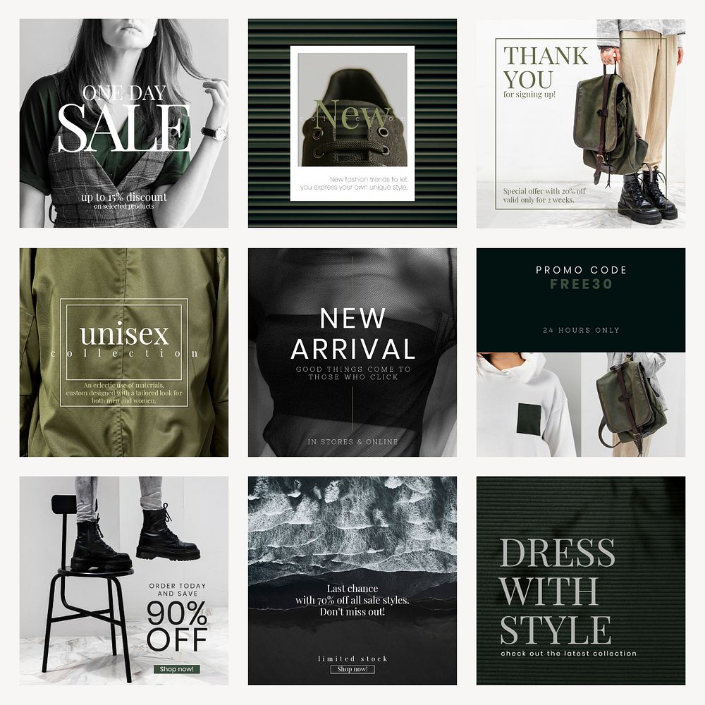 Unisex fashion sale template psd post set in green and dark tone