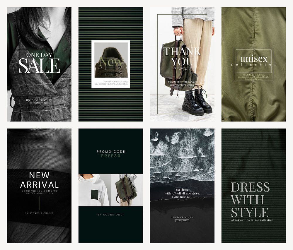Unisex fashion sale template psd story set in green and dark tone