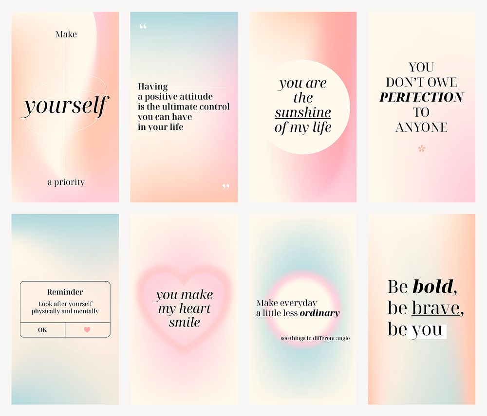 Self love Instagram story templates, pastel gradient design set psd