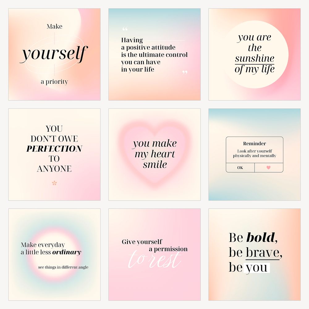 Self love Instagram post templates, pastel gradient design set psd