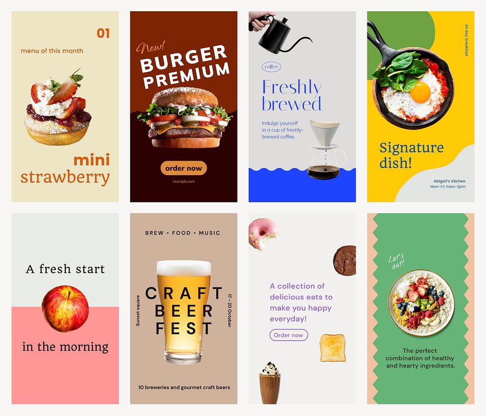 Food advertisement Instagram story templates, aesthetic food design set vector