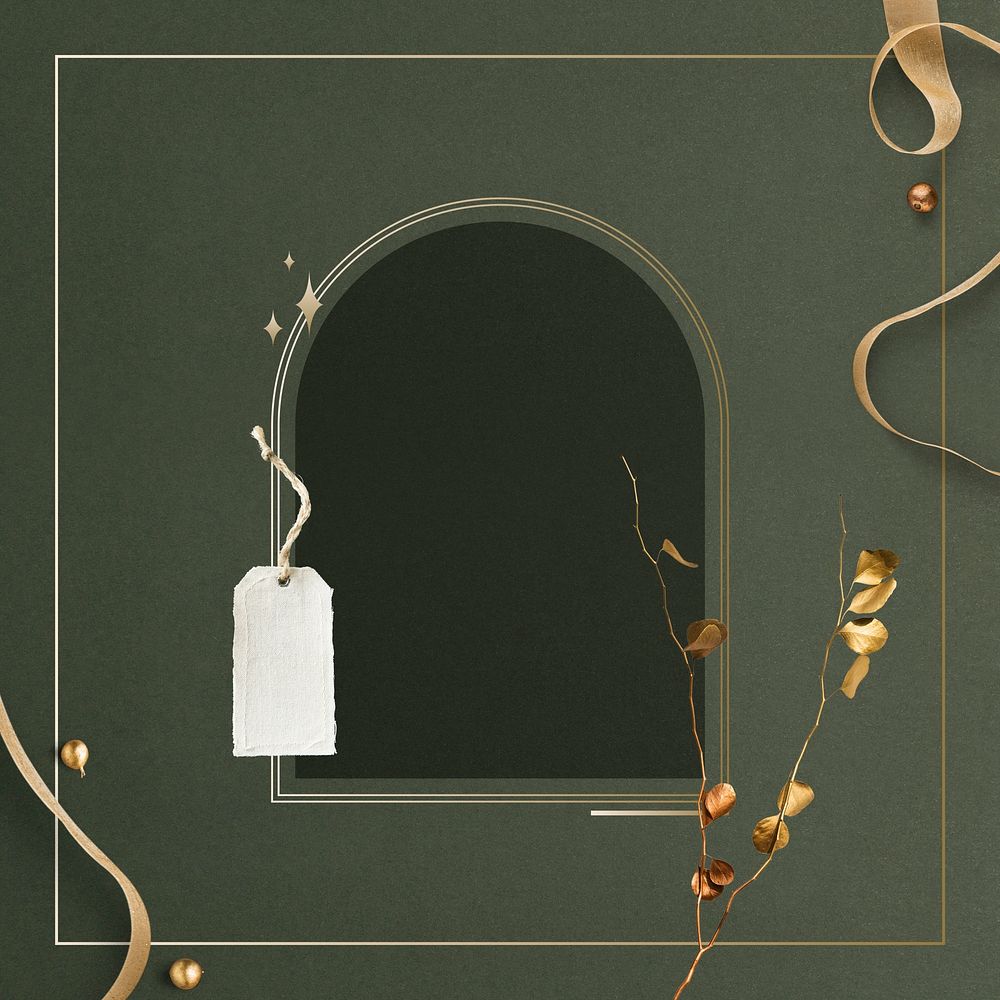 Green festive background, arch frame with gold ribbon psd