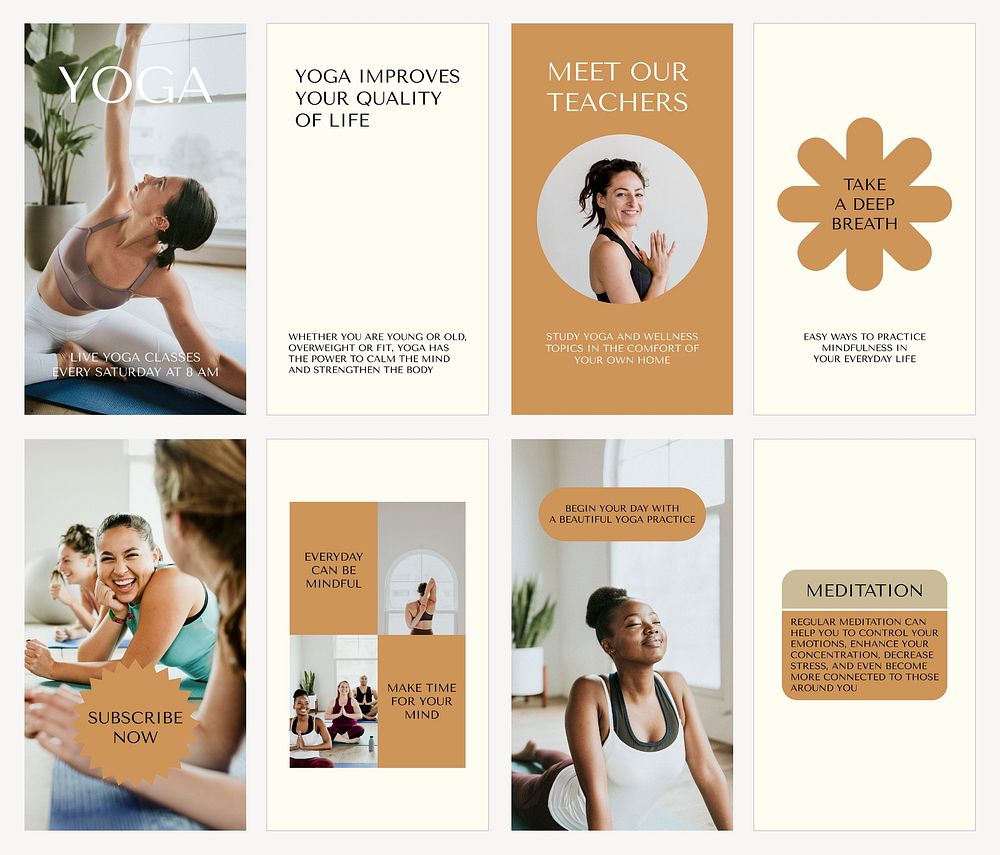 Healthy lifestyle Instagram story templates, yoga course set vector