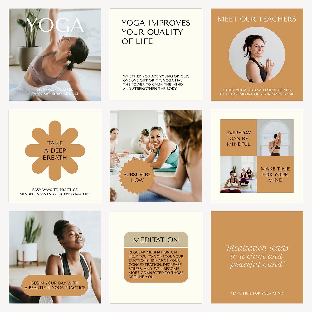 Healthy lifestyle Instagram post templates, yoga course set vector