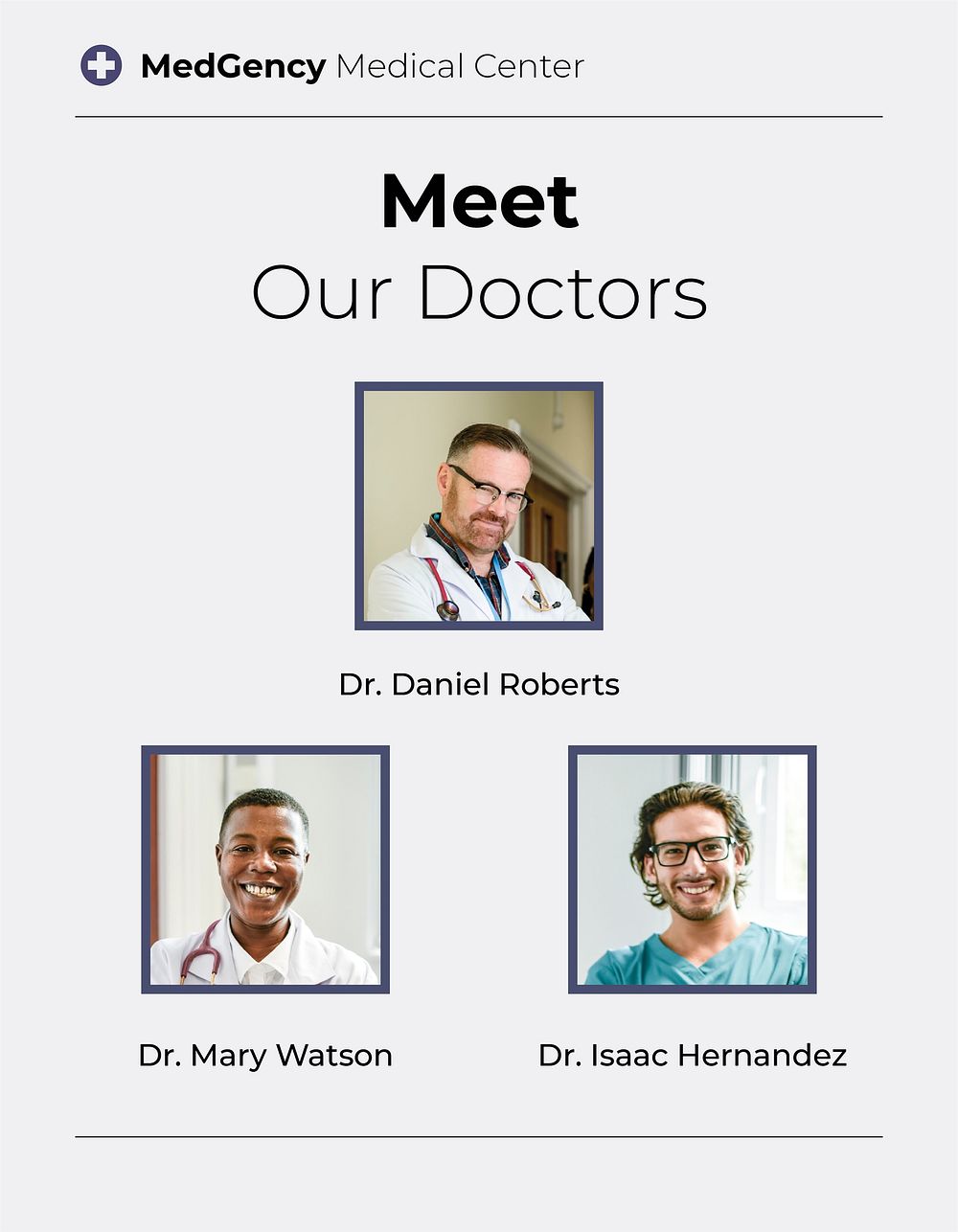 Meet our doctors flyer template, healthcare services vector