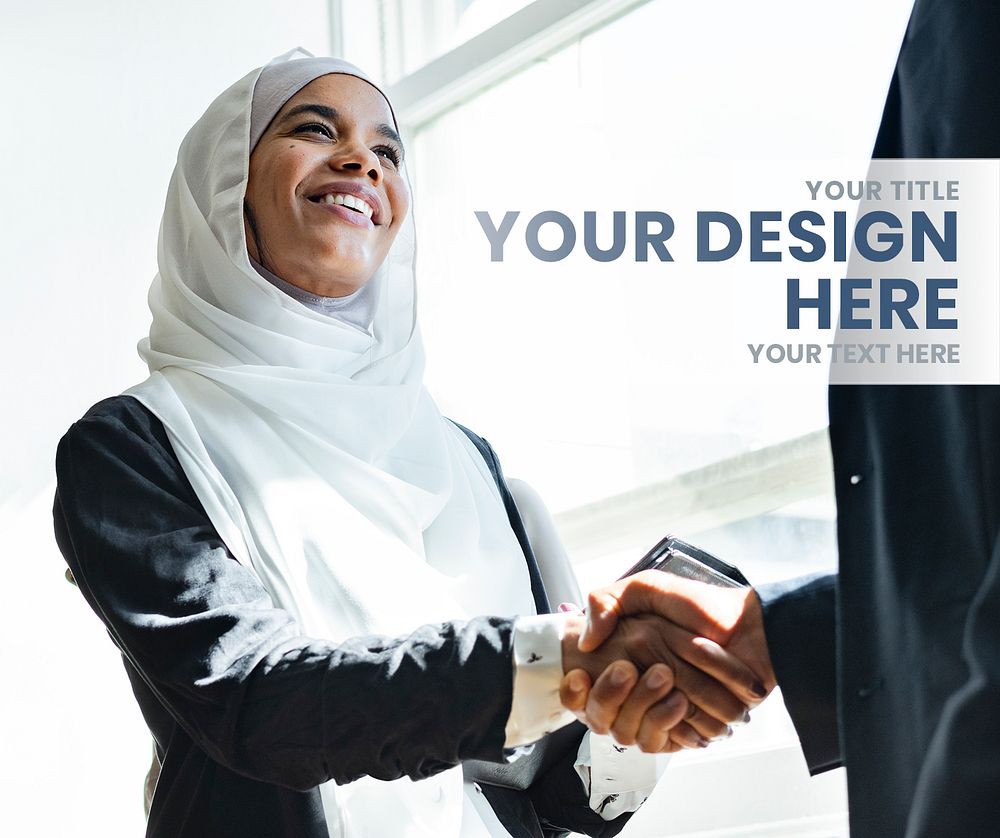 Muslim businesswoman close the deal business social template mockup